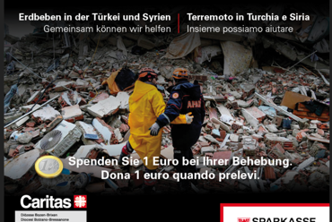 Terremotati: donare 1€ a ogni prelievo presso gli oltre 170 bancomat Sparkasse a sostegno degli aiuti Caritas