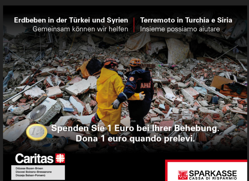 Terremotati: donare 1€ a ogni prelievo presso gli oltre 170 bancomat Sparkasse a sostegno degli aiuti Caritas