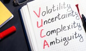 Quaderno con la scritta Volatility, Uncertainty, Complexity, Ambiguity